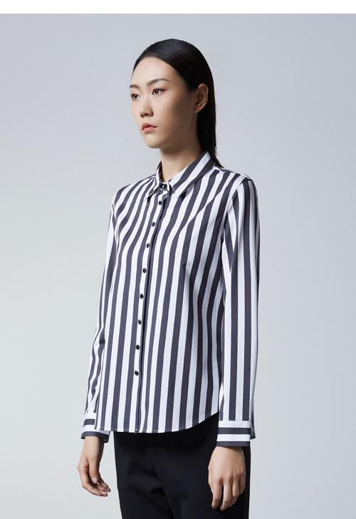 degrezero秋季新款女士衬衫合体版黑白宽条纹免烫舒适长袖衬衣商场