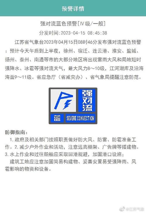 交汇点讯4月15日08时46分,江苏省气象台发布强对流蓝色预警:预计今天