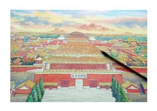钢笔淡彩故宫博物院全景向黄老师学习