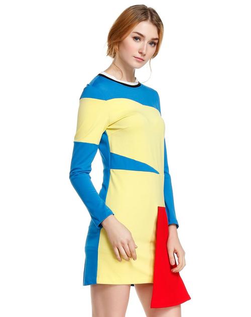黄/蓝色个性拼接长袖连衣裙