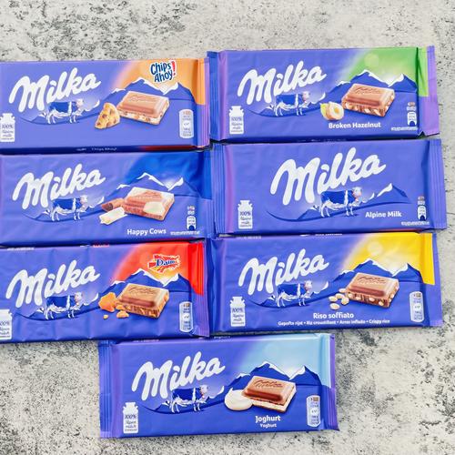 新品milka/妙卡德国进口妙卡阿尔卑斯酸奶脆米香双色