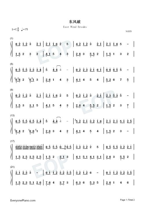 东风破-c调简单版双手简谱预览1-钢琴谱文件(五线谱,双手简谱,数字谱,