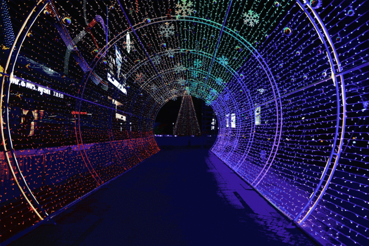 夜空彩虹以"光与梦"主题,为coco park打造了一场圣诞主题灯光秀,多处