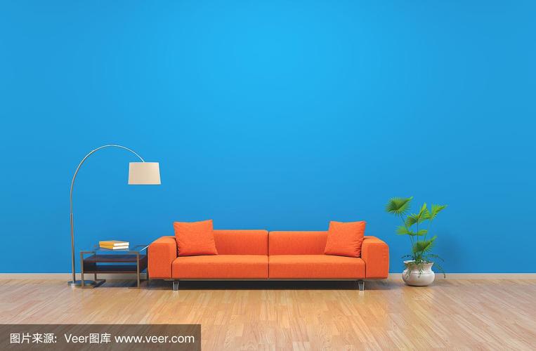 蓝色墙壁客厅概念