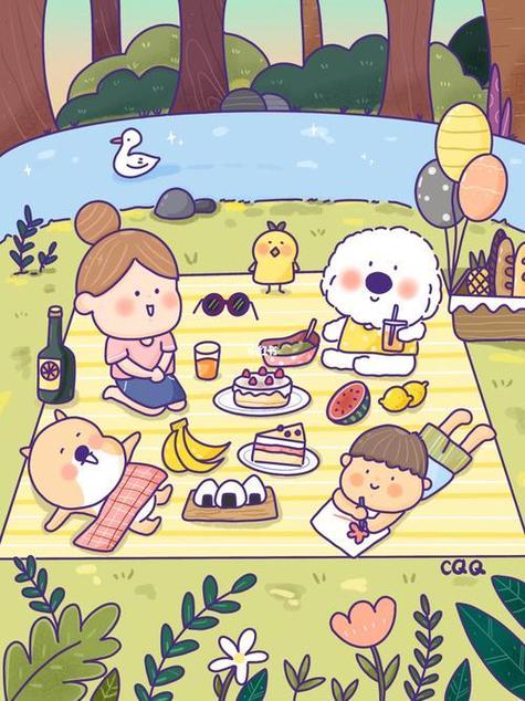 小动物野餐简笔画彩色