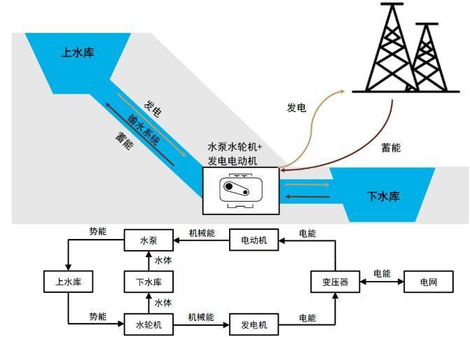 图表:抽水蓄能电站基本工作原理发电(水轮机)工况下,在电力负荷高峰期