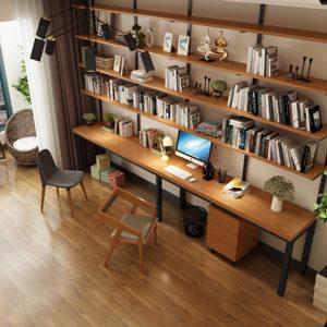 loft北欧铁艺实木定制转角书桌书架组合家用书柜一体办公桌电脑桌