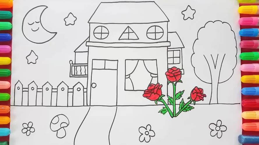 儿童涂鸦简笔画:房屋前漂亮的玫瑰花
