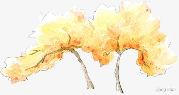 手绘水粉秋天树png素材透明免抠图片-装饰效果