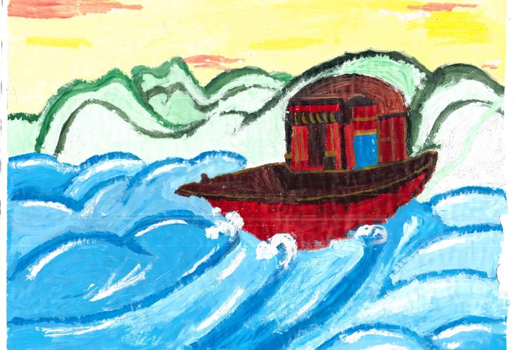 《激荡岁月·红船》暗红色的湖面波涛汹涌,一艘画舫驶近,东方红日