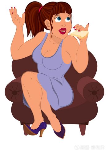 紫色的裙子坐在沙发上吃的卡通女人