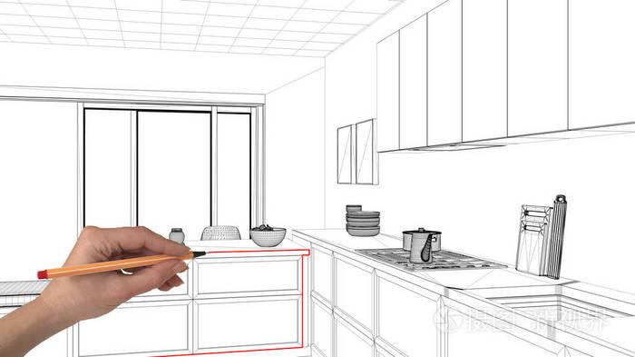 室内设计项目概念,手绘定制建筑,黑白墨水素描,蓝图显示最小厨房