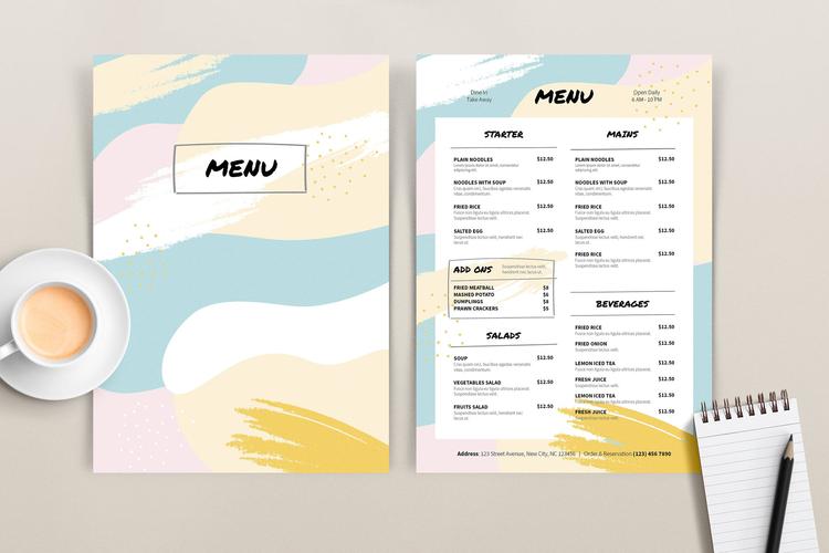 西餐厅彩色单页菜单设计模板coloredmenutemplate
