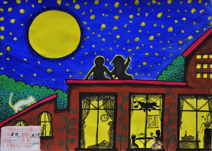 儿童夜景画,夜晚的城市儿童画 - 毛毛简笔画