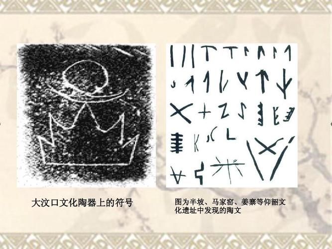 大汶口文化陶器上的符号 图为半坡,马家窑,姜寨等仰韶文 化遗址中发现
