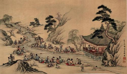 兰亭曲水图,山本若麟绘,1790年 这个游戏就叫做"曲水流觞".