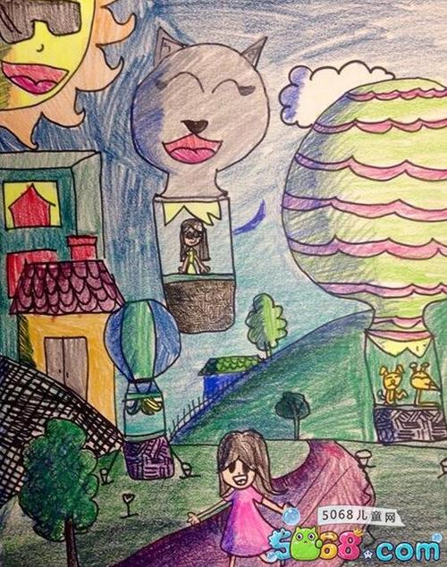 奇妙的热气球之旅快乐暑假绘画作品_蜡笔画 - 5068儿童网