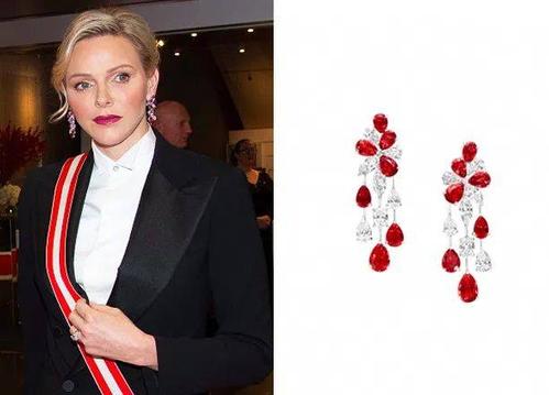 摩纳哥夏琳王妃去年出席国庆日活动时,戴过一对格拉芙耳环,红宝石与