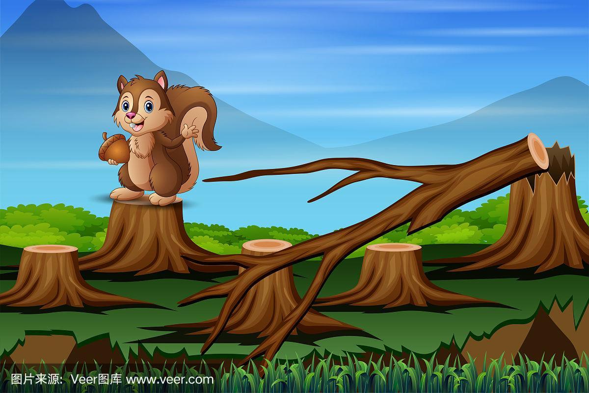 漫画中一只松鼠在森林砍伐的场景