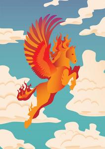 旗帜与飞行, 橙色, 火烧飞马在云层背景.神奇的, 神秘的动物插画照片