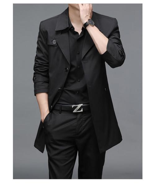 个子运动风衣中长款韩版加绒大衣男薄款中年加大码休闲男装外套 黑色