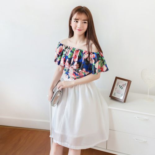 2014韩版女装 夏装时尚新款百搭花朵露肩上衣 大摆半身裙套装