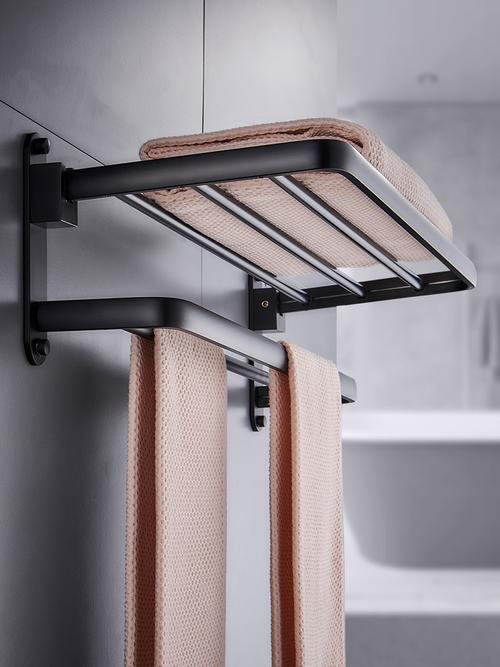 毛巾架黑色北欧免打孔浴室晾浴巾架折叠卫生间双层打孔式铝合金