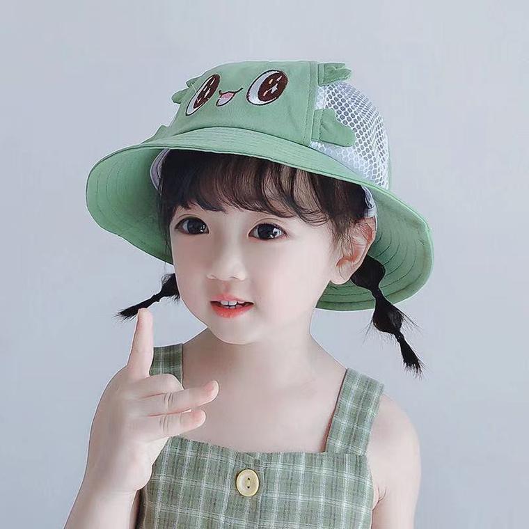 女宝宝渔夫帽防嗮男童卡通遮太阳帽小孩盆帽大眼睛绿色款16岁4852cm