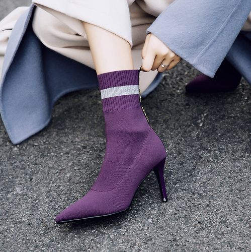 韩版性感袜靴2018秋季新款飞织毛线猪皮 内里细跟高跟靴紫色短靴