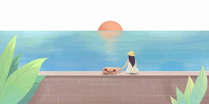 卡通女孩在海边坐着看日落的背影旅游素材