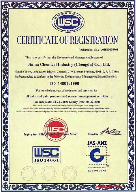 iso140011996国际标准认证证书英文版