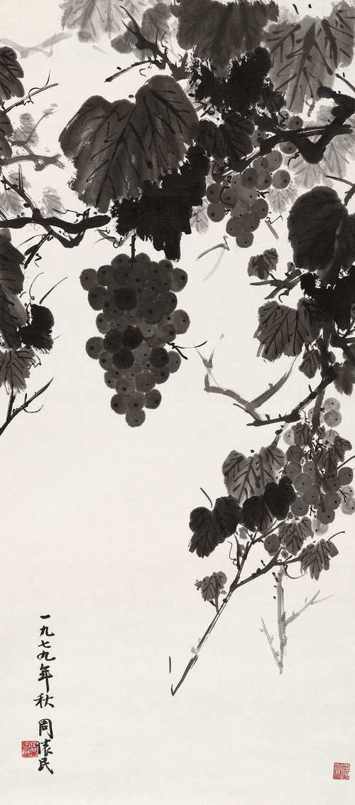  p>《墨葡萄》是1890年吴昌硕创作的纸本水墨 ,规格:67.3×33cm. /p>