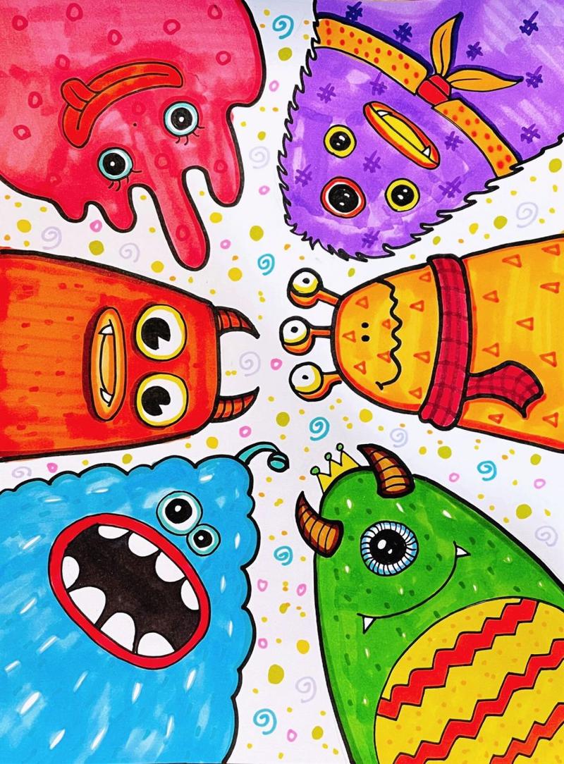 小怪兽|儿童创意画 简单的线条勾勒,夸张的五官,丰富的颜色,可可爱爱