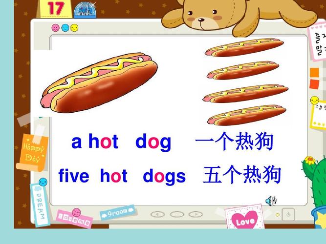 hot dog 一个热狗 five hot dogs 五个热狗
