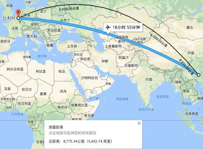 我在比利时,距离中国荔波8,775.34公里