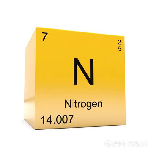 在光滑黄色立方体上显示的周期性表中的氮化学元素符号