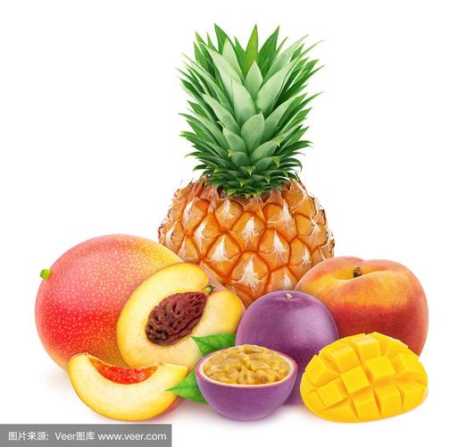 多颜色的异国水果组合,菠萝,百香果,桃子和芒果,孤立在一个白色的背景