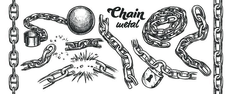 铁链单色设置矢量重金属链子的分类有球和挂锁板刻概念模板的钢工具手