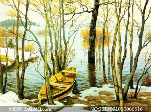 河边的小木舟风景油画设计图片