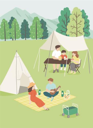 家人朋友户外露营野餐帐篷插画