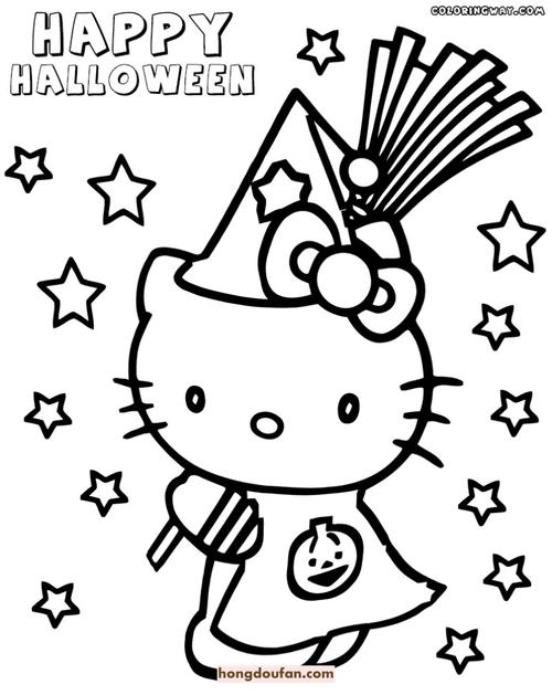 9张hellokitty凯蒂猫可爱万圣节主题黑白涂色图片免费下载