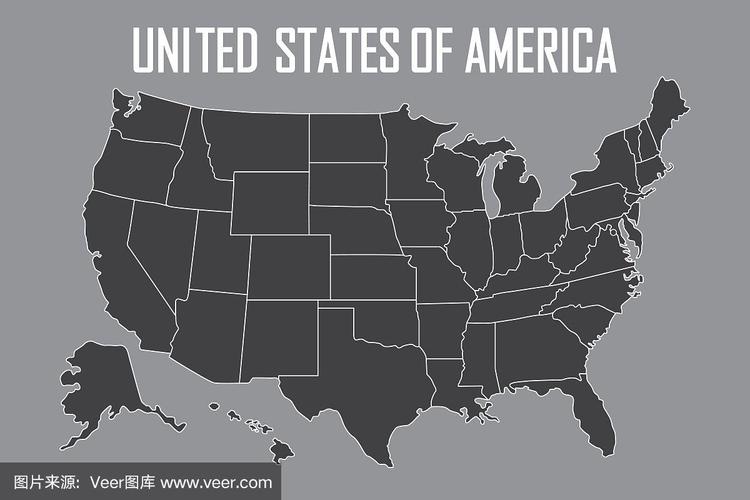 有州边界的美国地图.空白黑色轮廓孤立在灰色背景.矢量图
