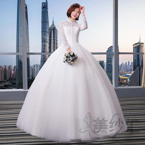 长袖中式领米白色新娘结婚当天嫁衣齐地婚纱绑带款101037a20
