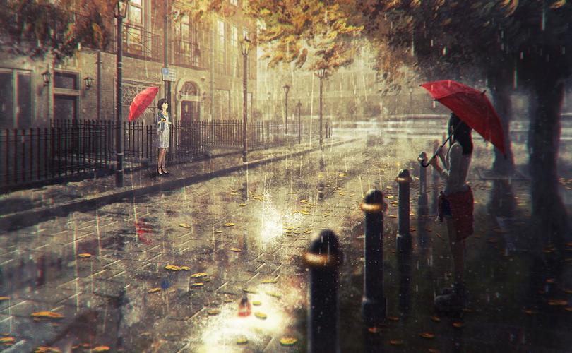 动漫地点城市市容人物动漫女孩雨伞自然雨animecityscape