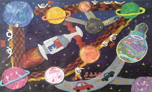 小学生三等奖科幻画作品《环游外太空》