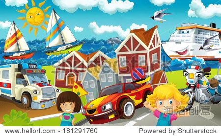 cartoon street with seaside - illustration for the children