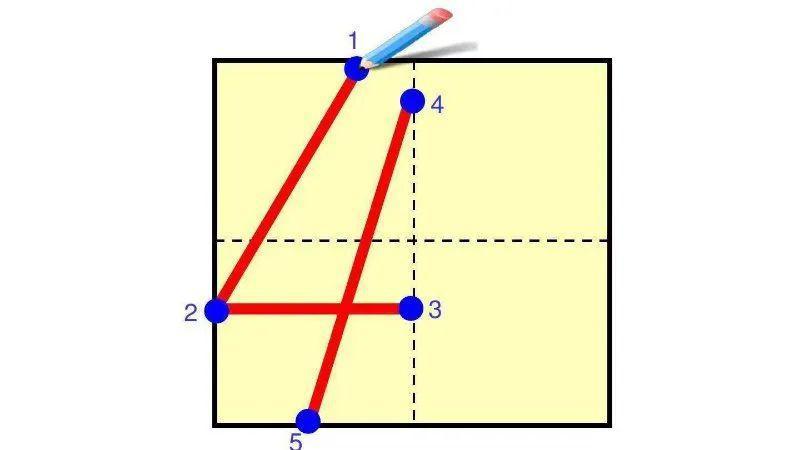 向右不碰线,略成半圆(比2上端的半圆小),再向中间,在虚线以上停止