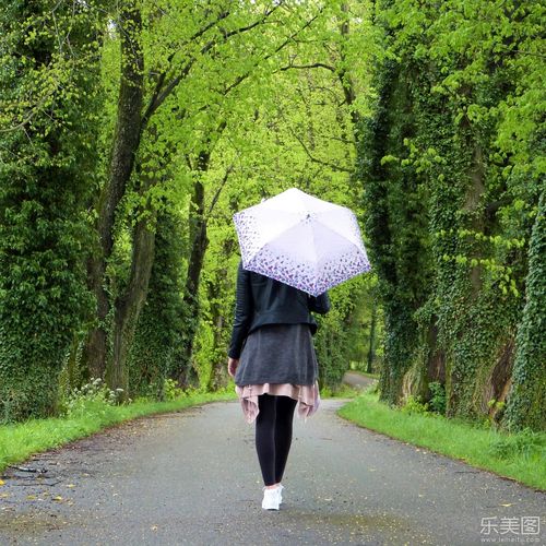 林间小道上撑着伞慢行的美女背影高清图片下载_人物