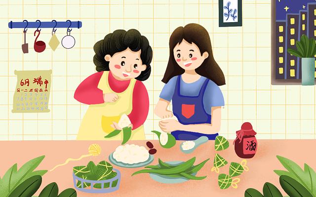 两母女开心的包着端午节粽子插画