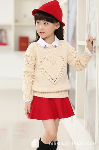 2015新款童装秋装儿童女童韩版爱心立体毛球针织衫套头毛衣羊毛衫